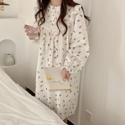 Kawaii Floral Autumn Nightgown Women O-Neck Korean Long Sleeve Casual Cotton Sleepwear Sweet Girls Homewear Home Clothes