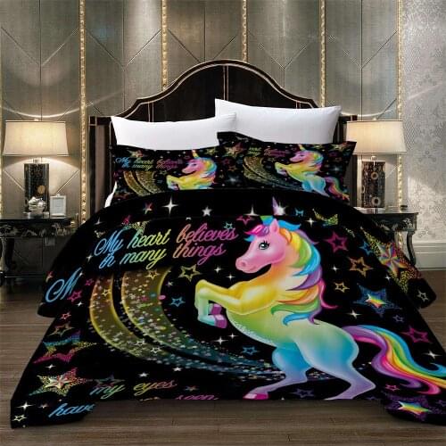3D Black Color Rainbow unicorn bedding set Cartoon print duvet cover set adult child duvet cover+pillowcase fashion bed linen