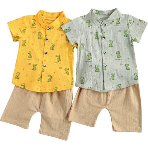 Kids Boys Fashion 2-piece Outfit Set Short Sleeve Cartoon Dinosaur Print Shirt+Shorts Set
