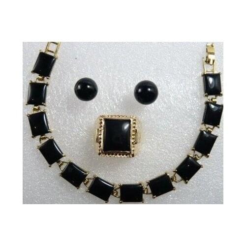 2 choices wholesale Mens 18k Yellow Gold GP Black Agate Bracelet Earring ring jewelry set