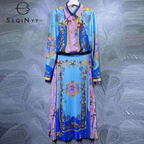 SEQINYY Blue Suit Early Autumn Spring New Fashion Design Women Runway Shirt + Pleated Midi Skirt Vintage Starfish Print