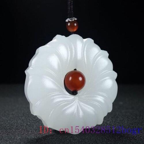 White Jade Lotus Pendant Carved Jewelry Charm Gifts Men Chinese Amulet Jadeite Women Necklace Fashion Natural