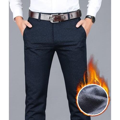 2021 Winter New Mens Warm Casual Pants Business Fashion Fleece Thick Plaid Trousers Office Stretch Pants Male Brand 42