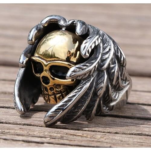 Gothic Wings Skull Ring Men 316L Stainless Steel Biker Skull Ring Punk Fashion Jewelry Matching Wholesale Size 7-15