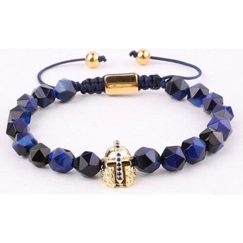 New Design Natural Stone Beads Faceted Blue Tiger Eye CZ Helmet Charm Macrame Adjustable Bracelet Men