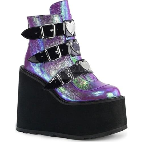 OLOMLB US4-11 Womens Platform Gothic Belt Buckle Punk Dazzling Colors Ankle Boots Shoes Japanese Harajuku Round Toe Plus Size