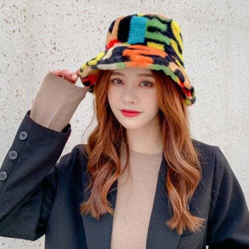Outdoor Multicolor Faux Fur Letter Pattern Bucket Hat Unisex Fisherman Caps For Women Gorras Autumn Winter Men Women Mujer
