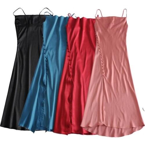 PUWD Vintage Woman V Neck Silk Spaghetti Strap Dress Spring Elegant Ladies Soft Side Slit Long Dresses Female Chic Dress