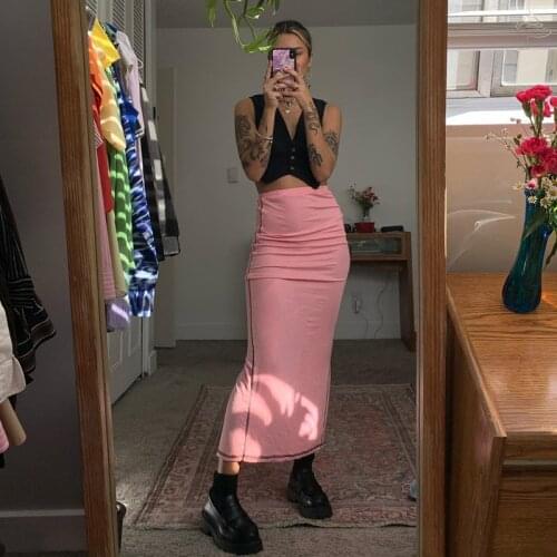 2021 Fashion Trend Women Casual Close-fitting Long Skirt Pink Elastic High Waist Slit One-piece Long Fitting Buttoms for Summer