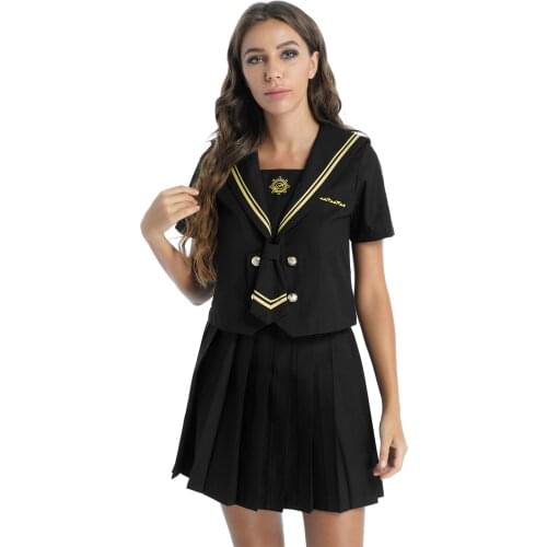 Women Two-piece Set Schoolgirl Uniform Role Play Costume Sailor Collar Short Sleeve Tops with Pleated Skirt Bow Tie for Cosplay