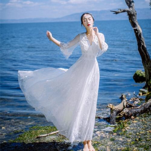 New Arrival 2020 Women Summer Elegant Lace Dress Robe Femme Casual V-neck 3/4 Sleeve Hollow Out Beach Party Dresses Vestidos