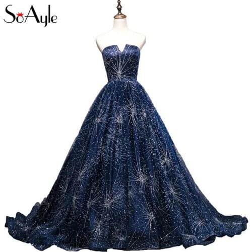 SoAyle 2017 Custom Made New Arrival Navy Blue Sparkling Strapless Ball Gown Amazing Vintage Arabic Evening Prom Dresses