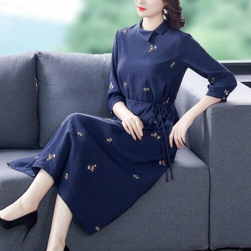 Spring Floral Embroidery Elegant Midi Dresses 2021 Autumn Vintage Cotton Linen 5XL Plus Size Dress Women Bodycon Party Vestidos