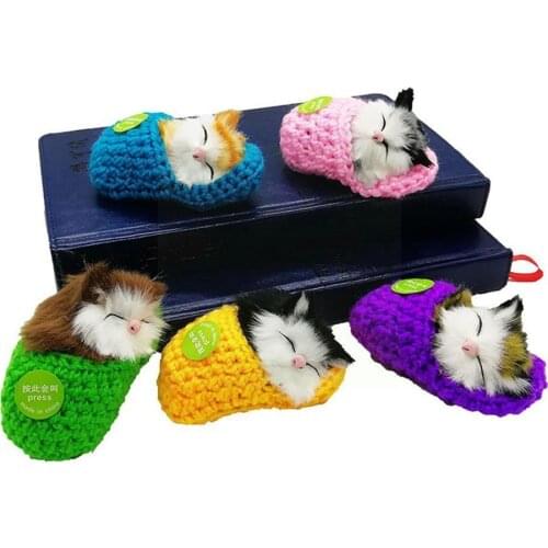 1pcs Cute Simulation Slippers Sleeping Cat Key Chain Sleeping Pendant Knitting Sound Decoration Random Cat Color Simulated V5L6