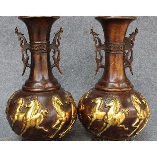 11" Marked Chinese Bronze Gild 8 Running Horse Horses Animal Bottle Vase Pair 02017