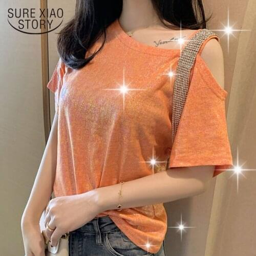 2021 Summer New Diamond Tassel Sequined Cotton shirt Short Sleeve Skew Collar Candy Color Blouse Women Chemisier Femme 9466