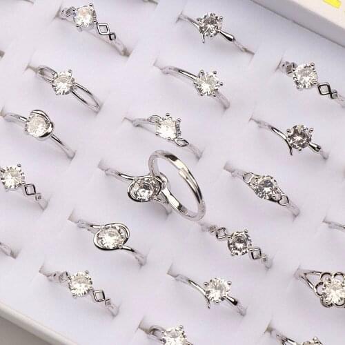 36pcs/lots Silver Color Zircon Engagement Wedding Party Jewelry Open Adjustable Rings For Women With Box Mix Style