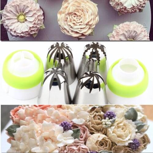 2 Coupler And Rose 4Pcs Icing Nozzles Russian Piping Big Size Partry Stainless Steel Cake Cream Baking Decorating Tool Tips