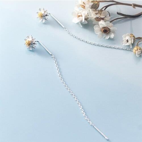925 Sterling Silver Daisy Flower Long Chain Tassel Drop Earrings For Elegant Women Party Fine Jewelry Accessories