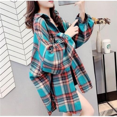Blouse Women Loose Mid-Length Plaid Shirt Womens Autumn Clothing Blusas Ropa De Mujer