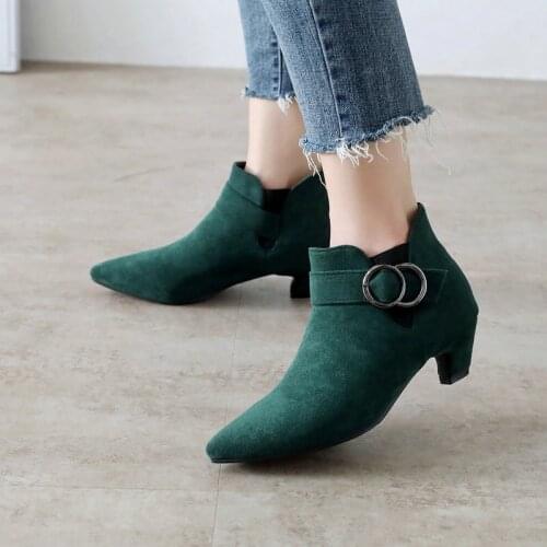 Faux Suede Ladies Ankle Boots Spring Autumn Fashion Belt Buckle Slip On Womens Shoes Winter Comfortable Thick Heel Short Boots