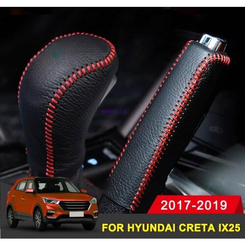Genuine Cow Leather Car Gear Shift Collars Handbrake Cover Case for Hyundai Creta ix25 2017 2018 2019 Car Styling Accessories