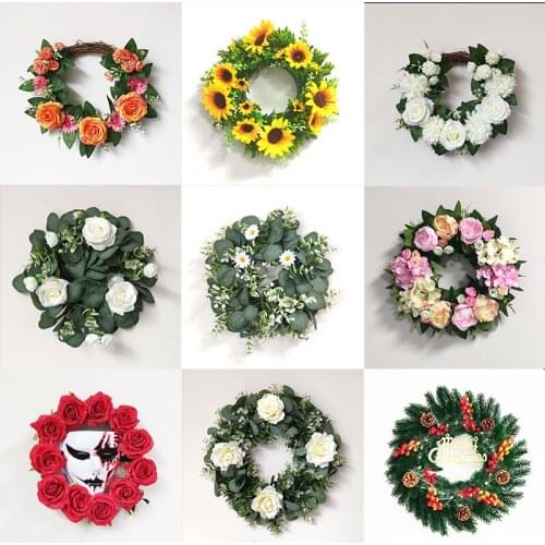 Artificial Rose Wreath Sunflower Decor Green Eucalyptus Flower Garland For Christmas Halloween Home Decoration