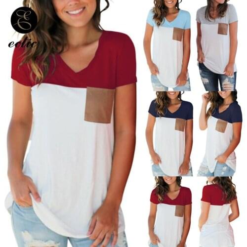 Contrast Color Block Shirt Basic V Neck Short Sleeve Shirt Women Casual Street Wear Harajuku Fashion Shirt With Pocket Pullover