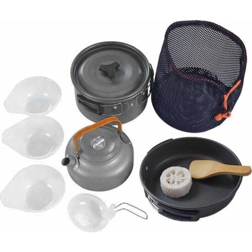 High-quality Camping Cookware Kit Outdoor Aluminum Cooking Set Water Kettle Pan Pot Travelling Hiking Picnic Tableware Equipment