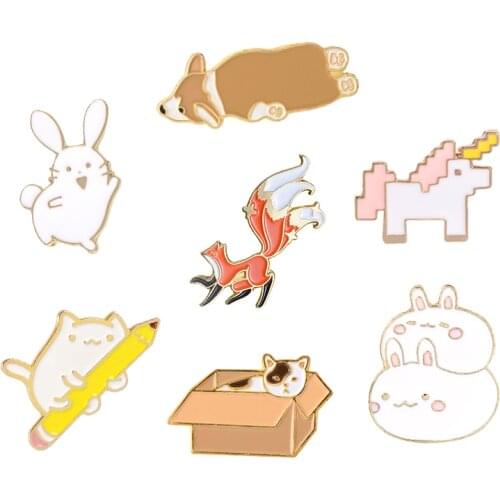 Favorite Animals Enamel Pin Lazy Corgi Nine Tailed Fox Bunny Cat Brooch Lapel Pin Cartoon Badge Jewelry Gift Kids Girl Wholesale