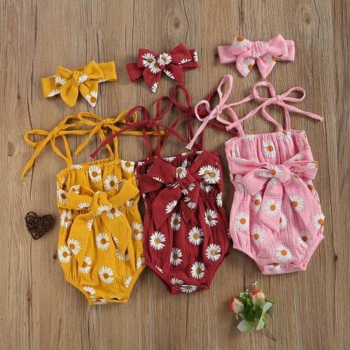 0-24M Lovely Baby Girls Bodysuits Summer Sleeveless Sunflowers Printed Big Bow Elastic Belt Jumpsuits Headband 3 Colors