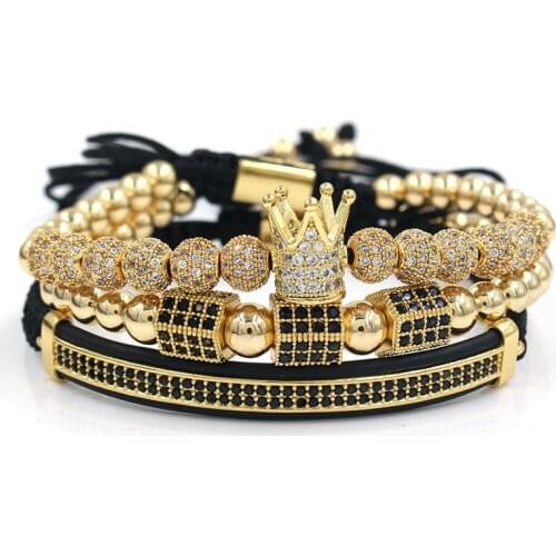 3 Pieces Set of Mens Bracelet Luxury Charm Gold Beads Stainless Steel Bracelet Evil Eye Crown CZ Zircon Couple Jewelry Jewelry