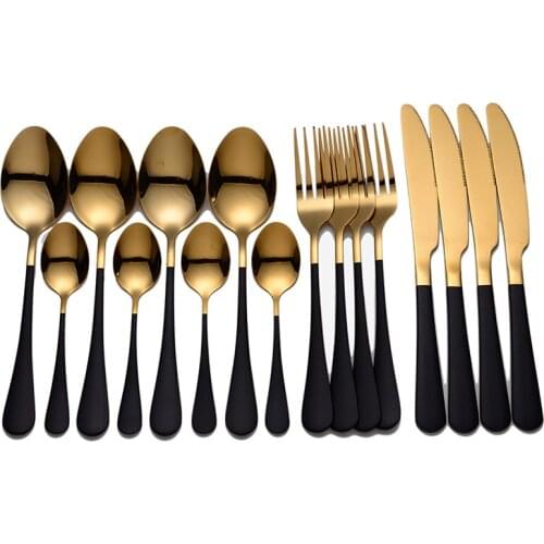 16Pcs Black Gold Cutlery Set Knives Dessert Fork Coffee Spoon Dinnerware Flatware Stainless Steel Silverware Party Tableware Set