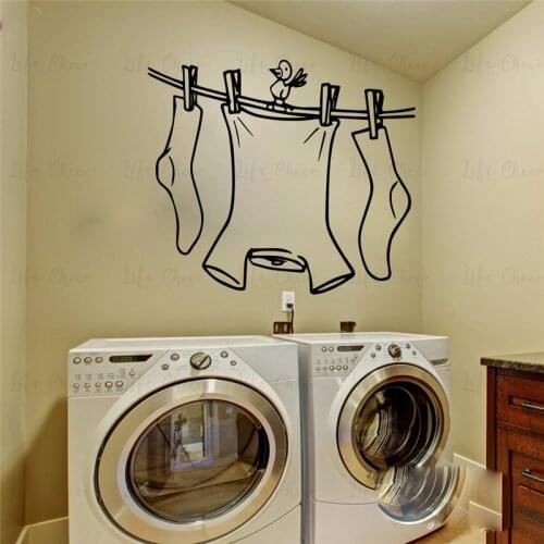 Laundry Room Sign Wall Sticker DIY Cute Clothes Line With Bird Wall Decal Laundry Room Cut Vinyl Home Decoration Wall Art Mural