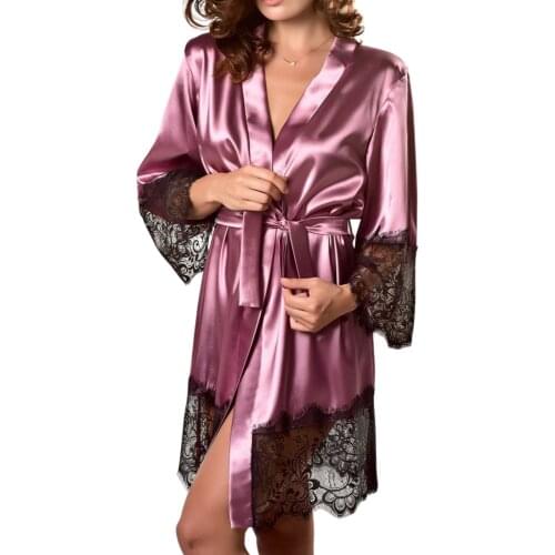 New Womens Casual Short Sleeping Dress Fashion Solid Color Lace Trim Bandage Mid-sleeve Nightgown