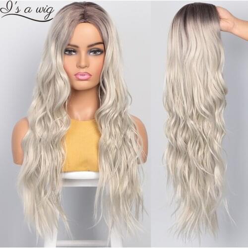 Is a wig Platinum Blonde Synthetic Wigs Long Wavy Ombre Blonde Wig for Women Black Grey Red Middle Part Women Wigs