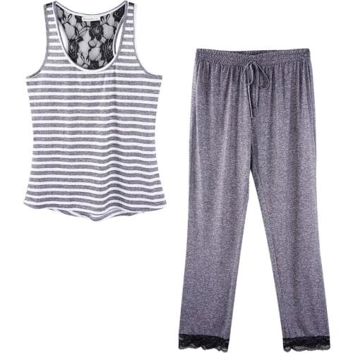 Sexy Lace Patchwork Stripe Tank Tops Full Length Drawstring Loose Print Pants Spring Womens Pajamas Sets 2Pcs Ladies Pajamas