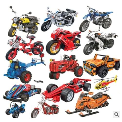 Technology, machinery, building blocks, assembling motorcycle equation, racing forklift truck, engineering truck, bicycle, class