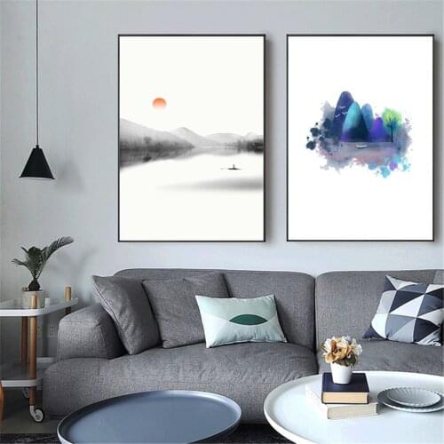 Chinese Ink Painting Landscape Blue Black Ink Oil Painting Poster Canvas Print Painting Wall Art Living Room Home Decoration