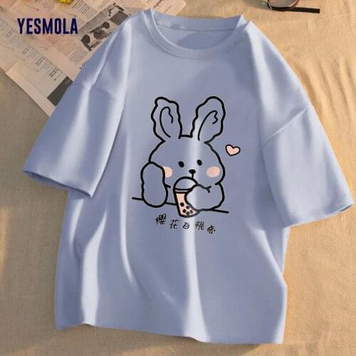 YESMOLA Womens T-shirt Rabbit Cartoon Printed T Shirt 2021 Summer New Female Casual Harajuku Kawaii Y2k Top Female Clothing