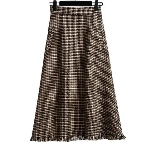 PERHAPS U Women Brown Elastic Waist Pocket Midi Skirt Pleated Tassel Houndtooth Winter Autumn Elegant Think Knitted Casual S0180