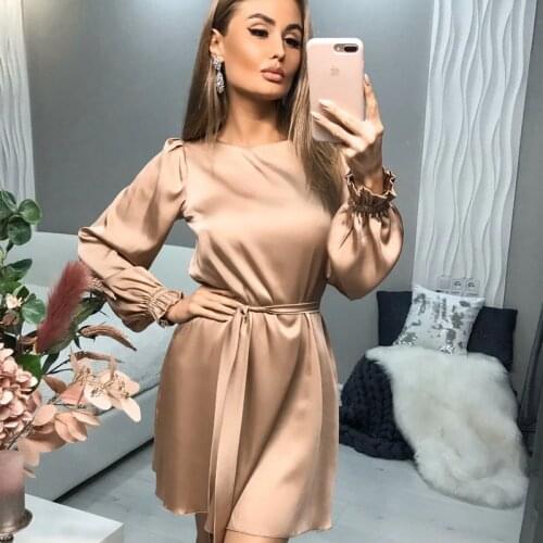 Women Casual O-Neck Satin Mini Dress Solid Lantern Sleeve Sashes A Line Party Dress 2021New Fishtion Autumn ​Women Elegant Dress