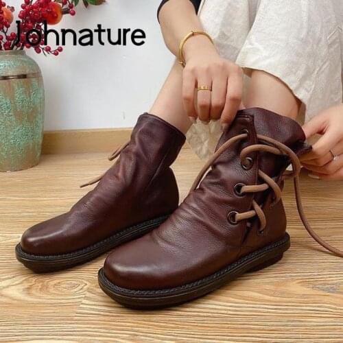 Johnature Lace-Up Ankle Shoes Women Boots 2021 New Genuine Leather Winter Round Toe Flat With Sewing Handmade Platform Boots