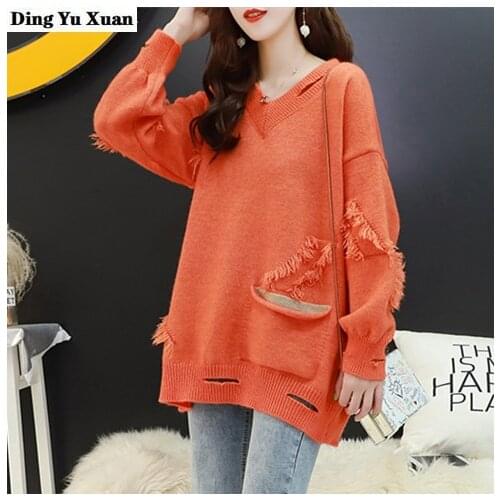 Women Knitted Sweater Jumper Pullovers Khaki Orange Green Tassel Hole Knit V Neck Sweater Long Sleeve Korean Casual Knit Tops