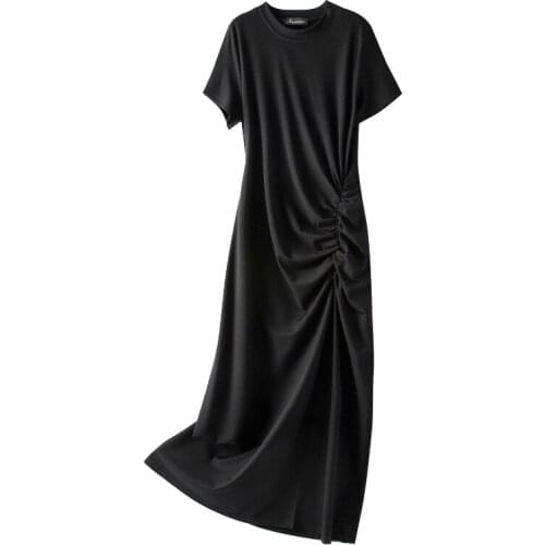 New Arrival 2021 Summer Short Sleeve Long Split Black Dress for Woman