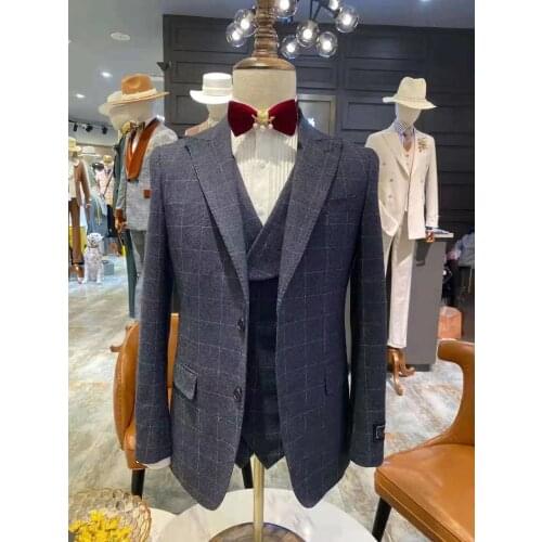 2021 Tailor made luxury wedding suit for men Plaid suits slim fit Peak Lapel Fashion Man Business party Blazer Jacket+Pants+Vest