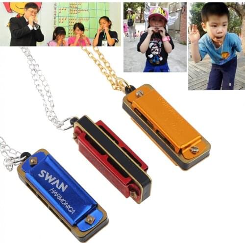 3pcs/lot 3 color Mini Harmonica 4 Holes 8 Tones Harmonica Metal Chain Necklace Style for Children / Kids Gifts