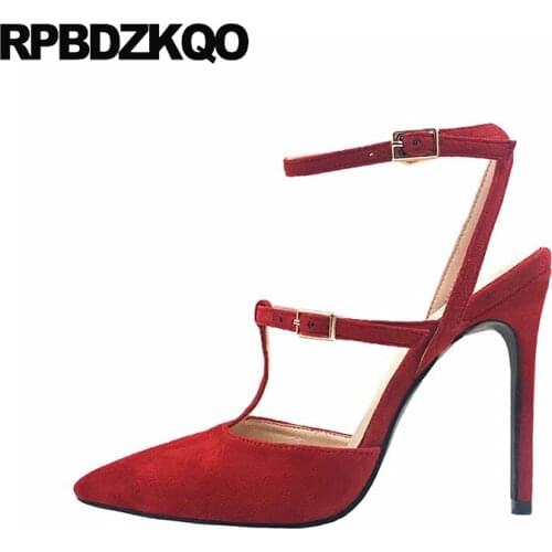 Brand Designer Shoes Women Ankle Strap Slingback T Sandals Scarpin High Heels Wine Red Suede Pointed Toe Closed Pumps Super