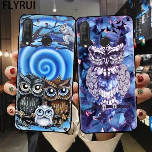 FLYRUI Black Silicone Back Cover For Coque Huawei P10 P20 P30 P40 Lite E Pro Cute Owl Phone Case For Huawei Mate 20 Lite Fundas