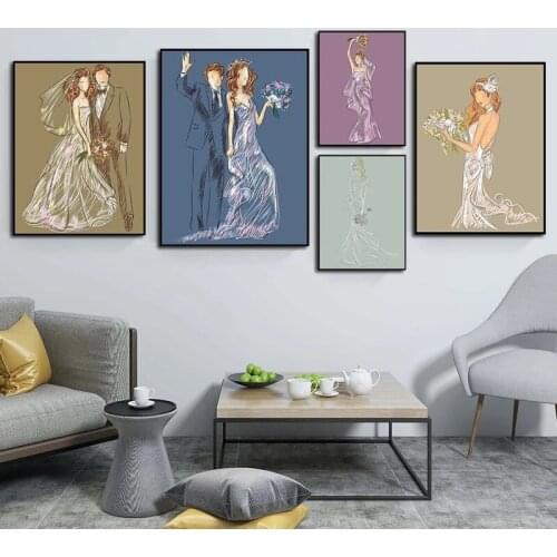 Bride and Groom Art Poster Girls with Wedding Dress Canvas Painting Prints Wall Decoration Pictures for Living Room Bedroom